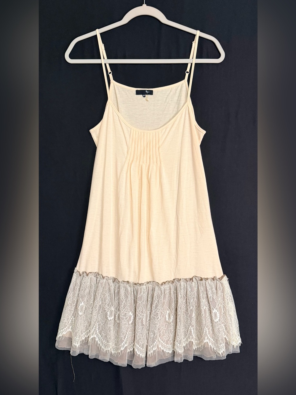 Ryu Cream Spaghetti-Strap Midi Dress with Lace Hem Boho unconventional lace